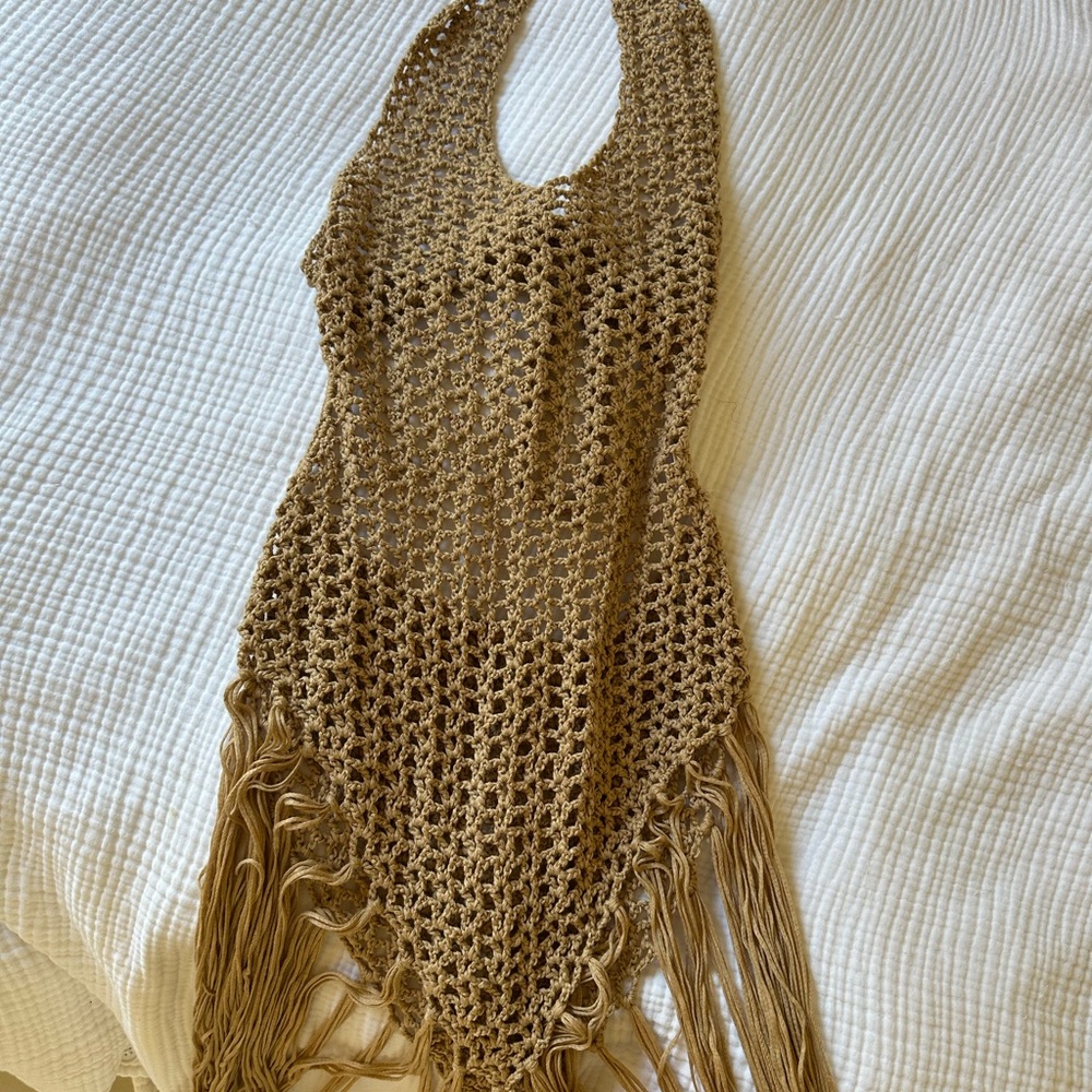 Elegant Tan Crochet Fringe Bag